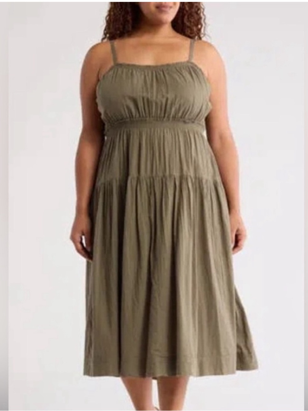 Melrose and Market Smocked Olive Green Midi Dress with Spaghetti Straps